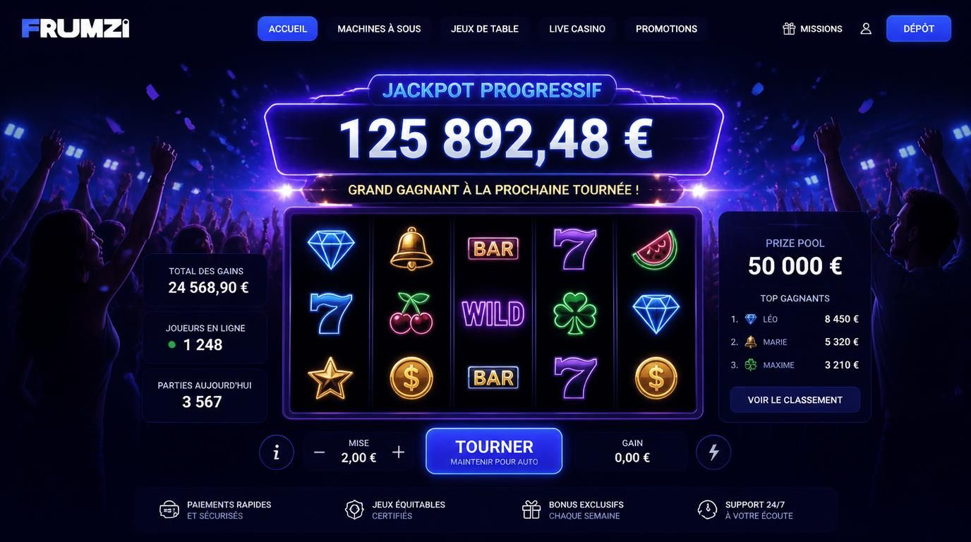Machine à sous progressive, jackpot en euros élevé, ambiance de fête, prize pool